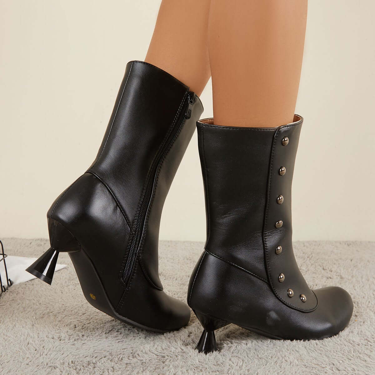 Women's Victorian Button Mid Calf Boots Side Zipper Kitten Heel Booties