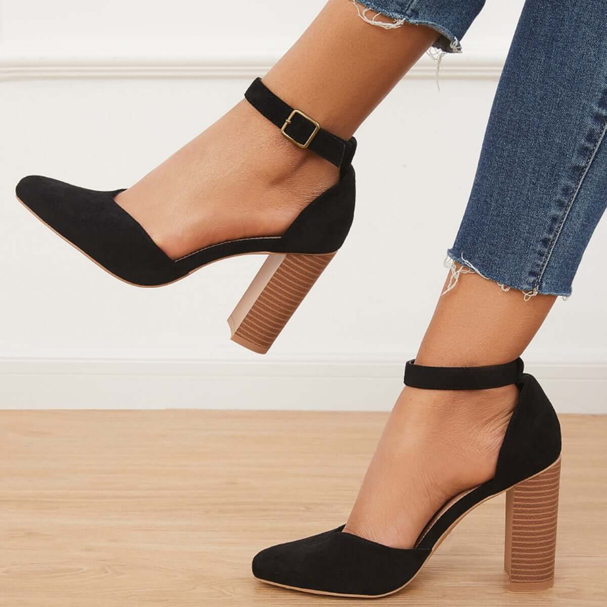 Casual Chunky Block High Heel Pumps Pointed Toe Ankle Strap Heels