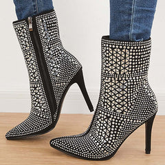 Glitter Stiletto Heels Ankle Boots Pointed Toe Side Zipper Booties