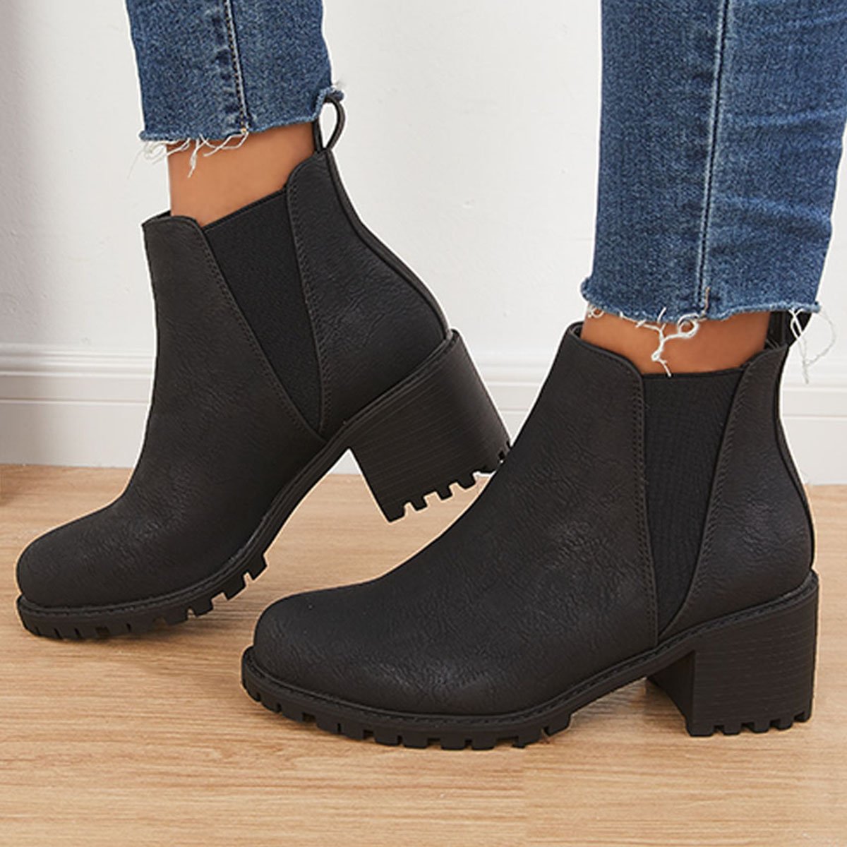 Womens Casual Black Ankle Boots Elastic Slip-on Booties Low Heel Ankle Boots