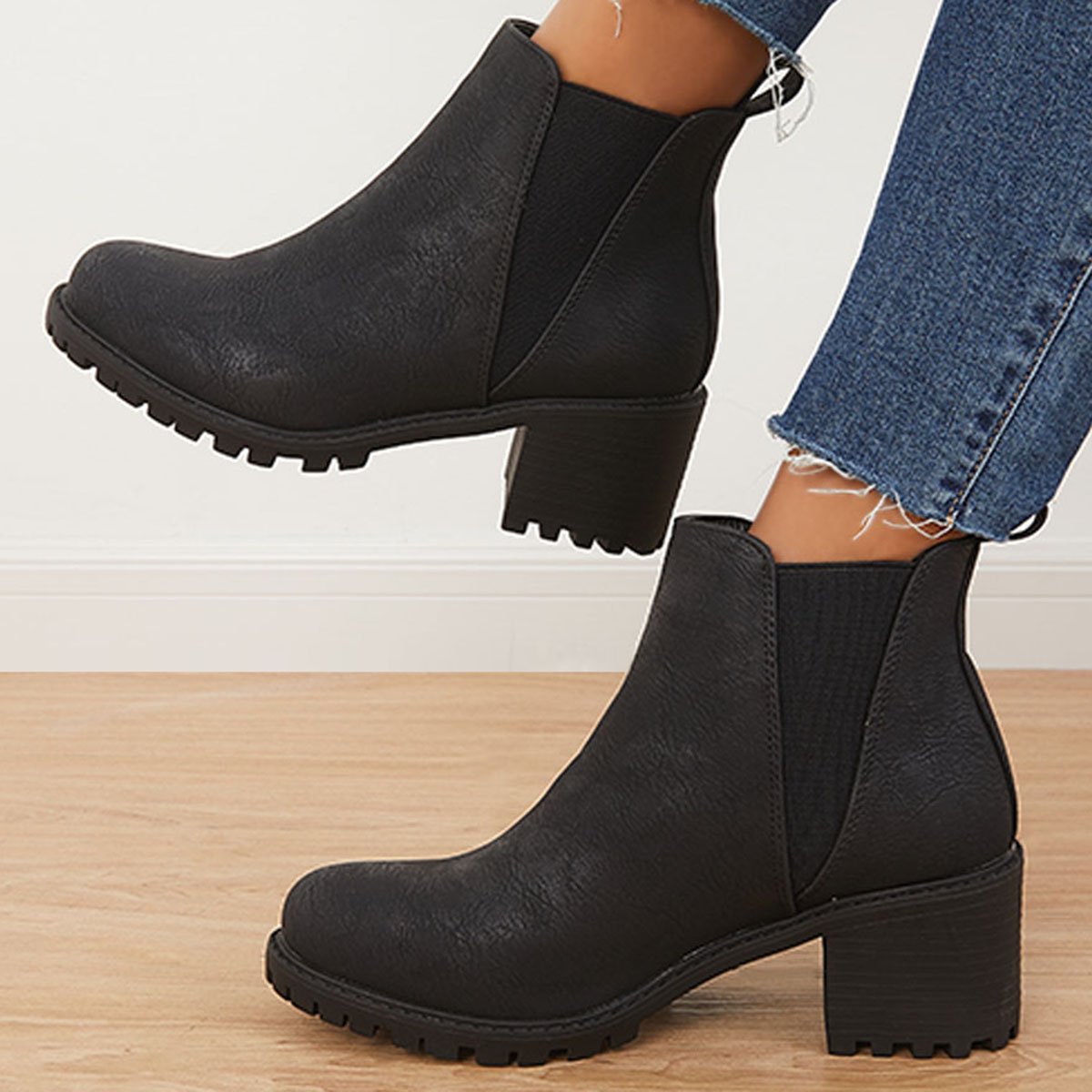 Womens Casual Black Ankle Boots Elastic Slip-on Booties Low Heel Ankle Boots