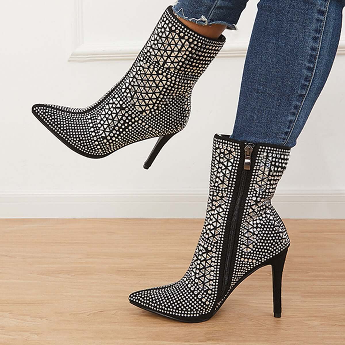 Glitter Stiletto Heels Ankle Boots Pointed Toe Side Zipper Booties