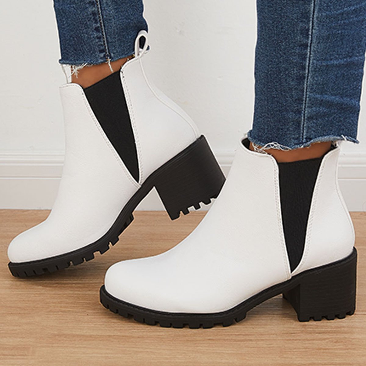 Womens Casual Black Ankle Boots Elastic Slip-on Booties Low Heel Ankle Boots