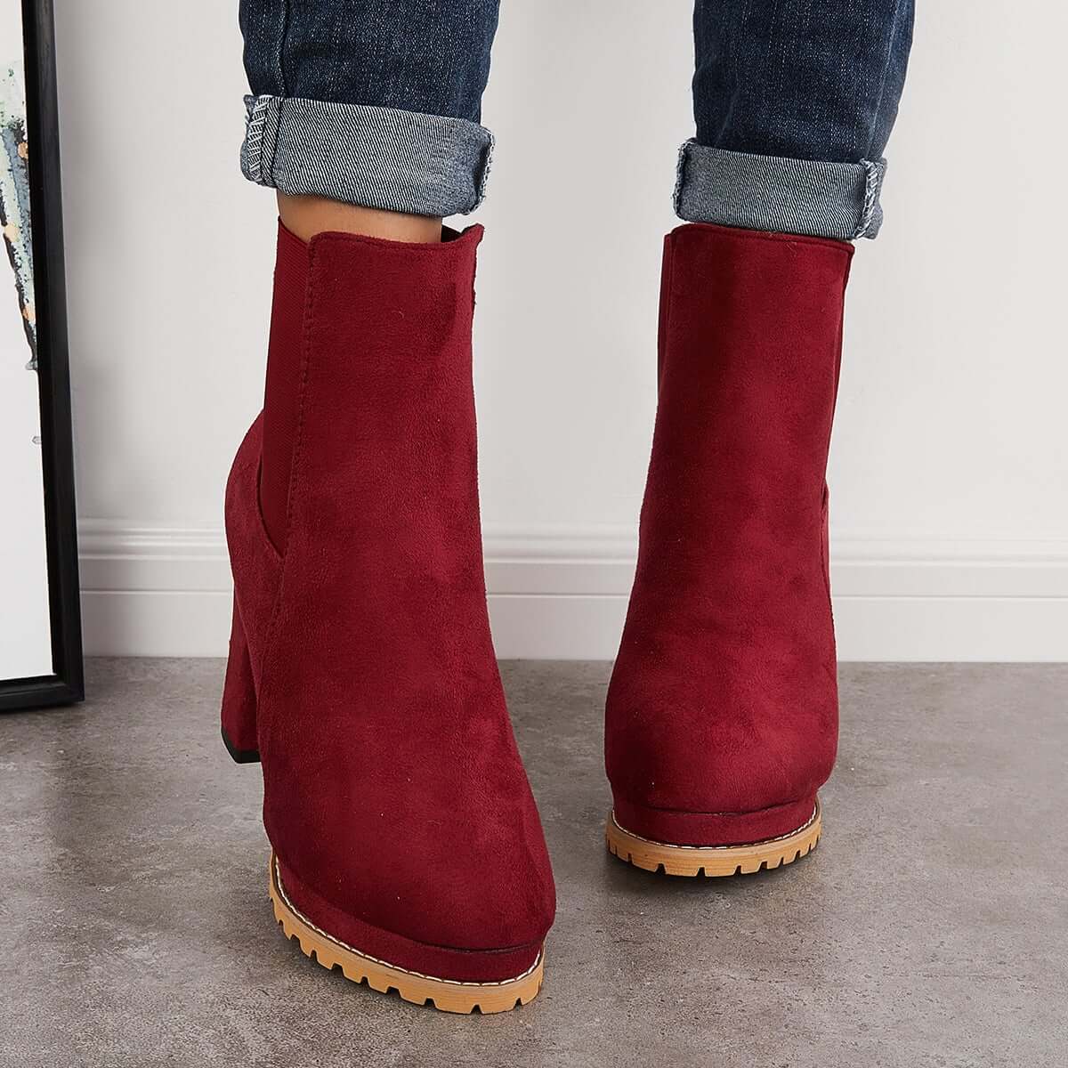 Suede Chunky Platform Heel Ankle Boots Slip-on Chelsea Booties