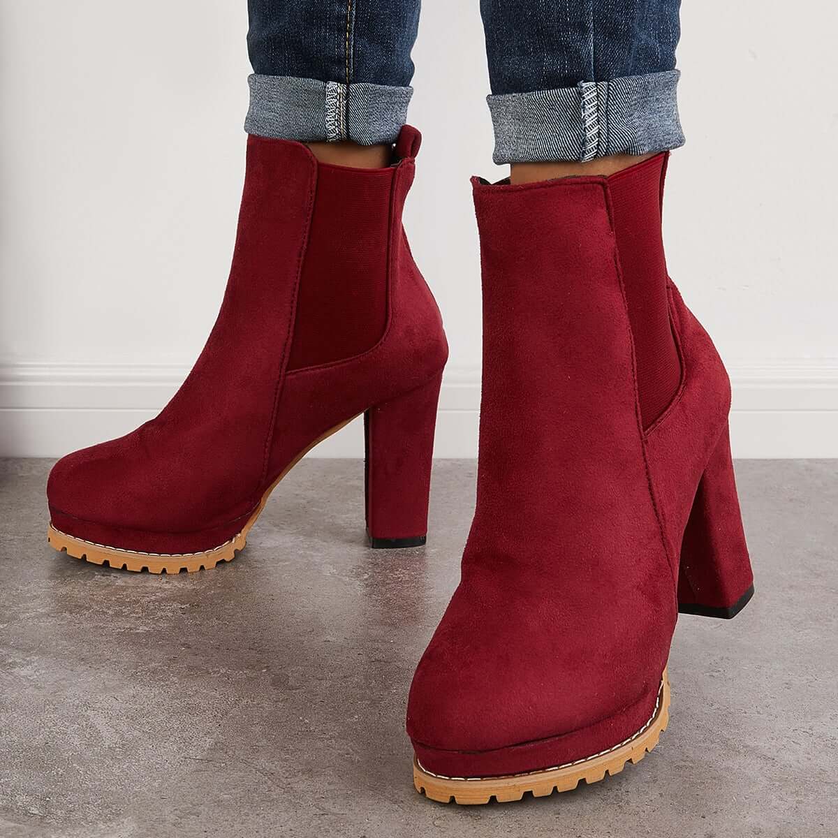 Suede Chunky Platform Heel Ankle Boots Slip-on Chelsea Booties