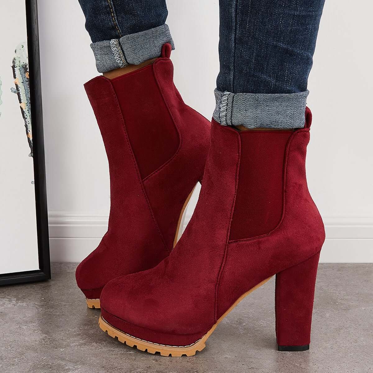 Suede Chunky Platform Heel Ankle Boots Slip-on Chelsea Booties