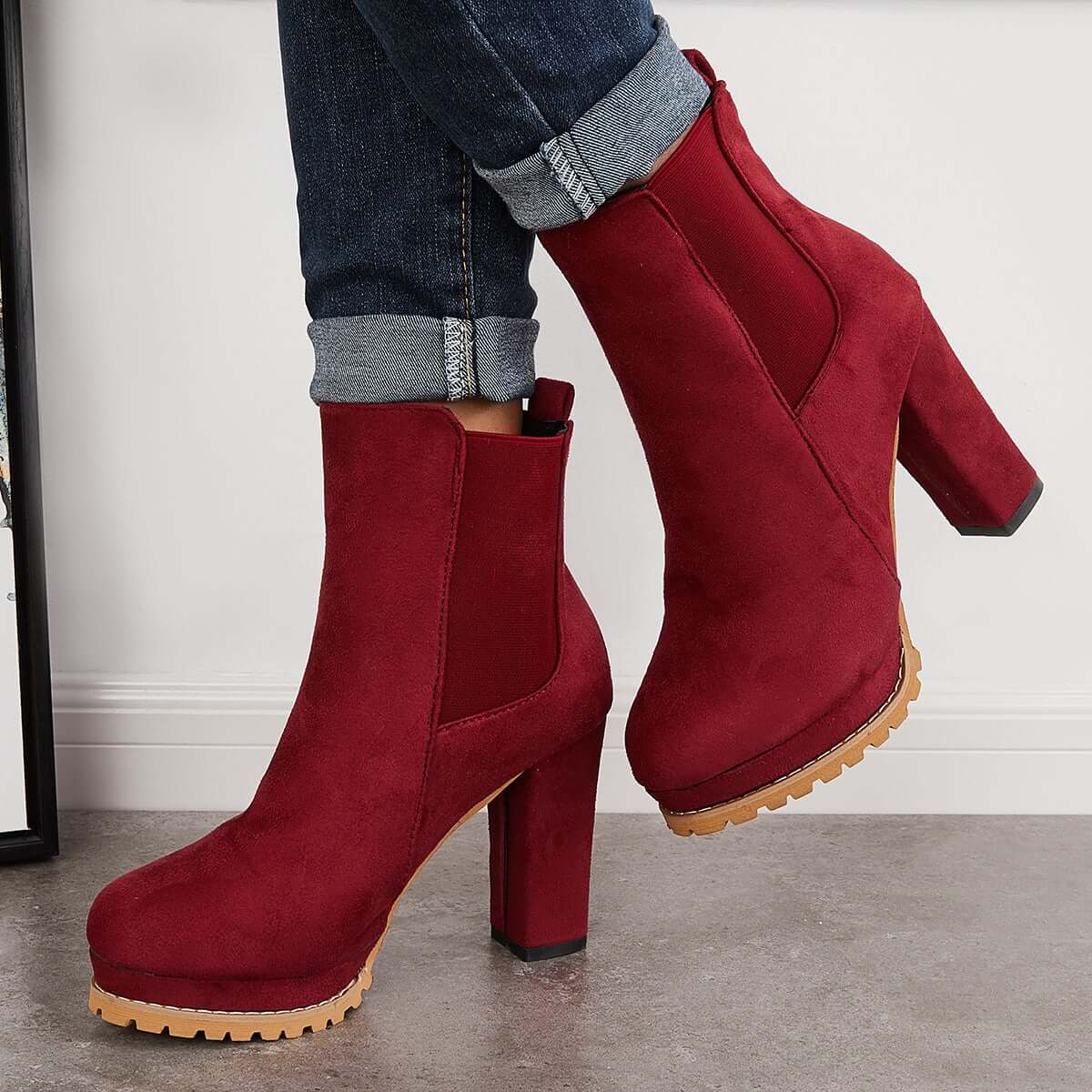 Suede Chunky Platform Heel Ankle Boots Slip-on Chelsea Booties