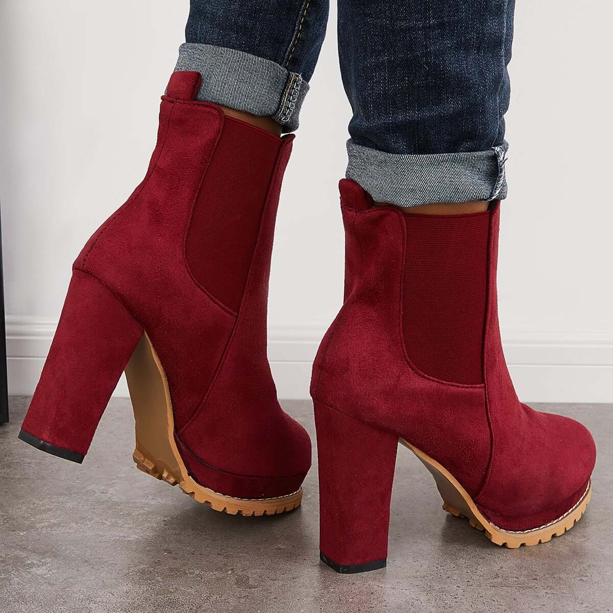 Suede Chunky Platform Heel Ankle Boots Slip-on Chelsea Booties