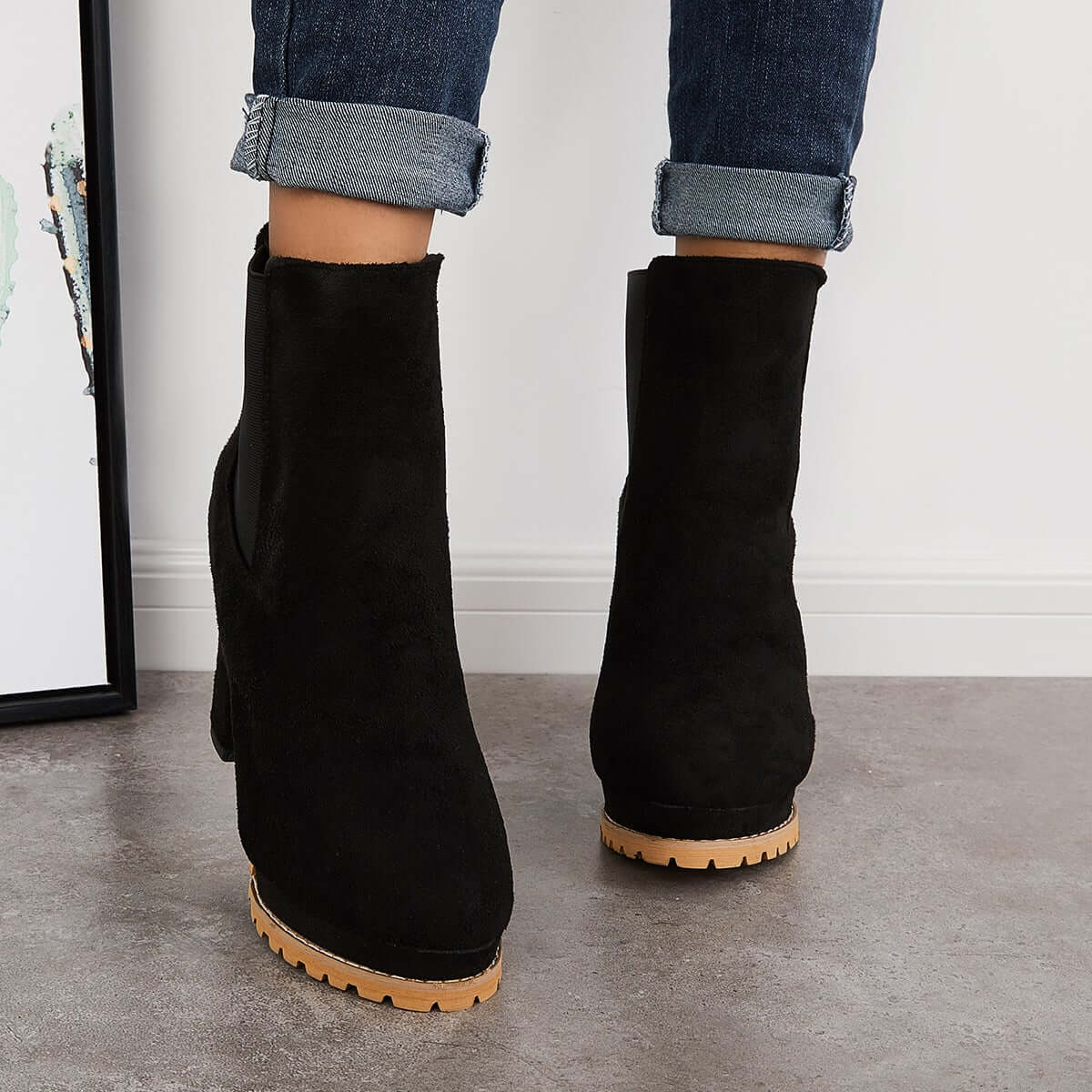 Suede Chunky Platform Heel Ankle Boots Slip-on Chelsea Booties