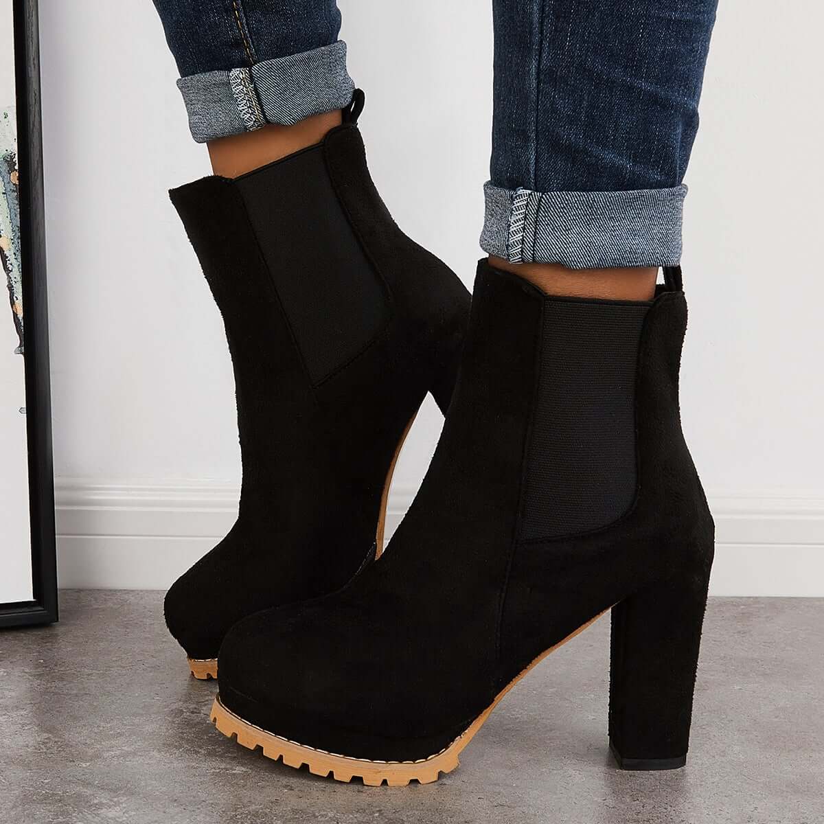 Suede Chunky Platform Heel Ankle Boots Slip-on Chelsea Booties