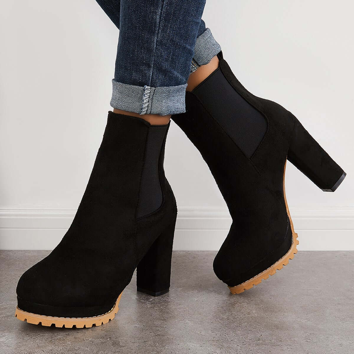 Suede Chunky Platform Heel Ankle Boots Slip-on Chelsea Booties