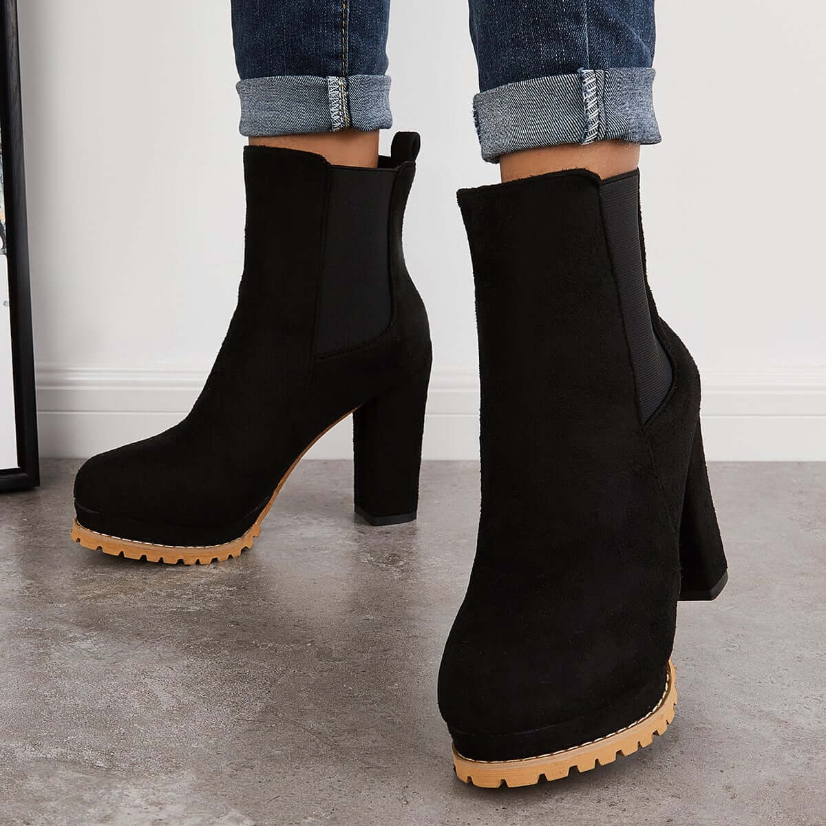 Suede Chunky Platform Heel Ankle Boots Slip-on Chelsea Booties