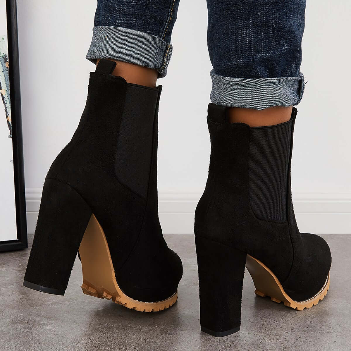 Suede Chunky Platform Heel Ankle Boots Slip-on Chelsea Booties