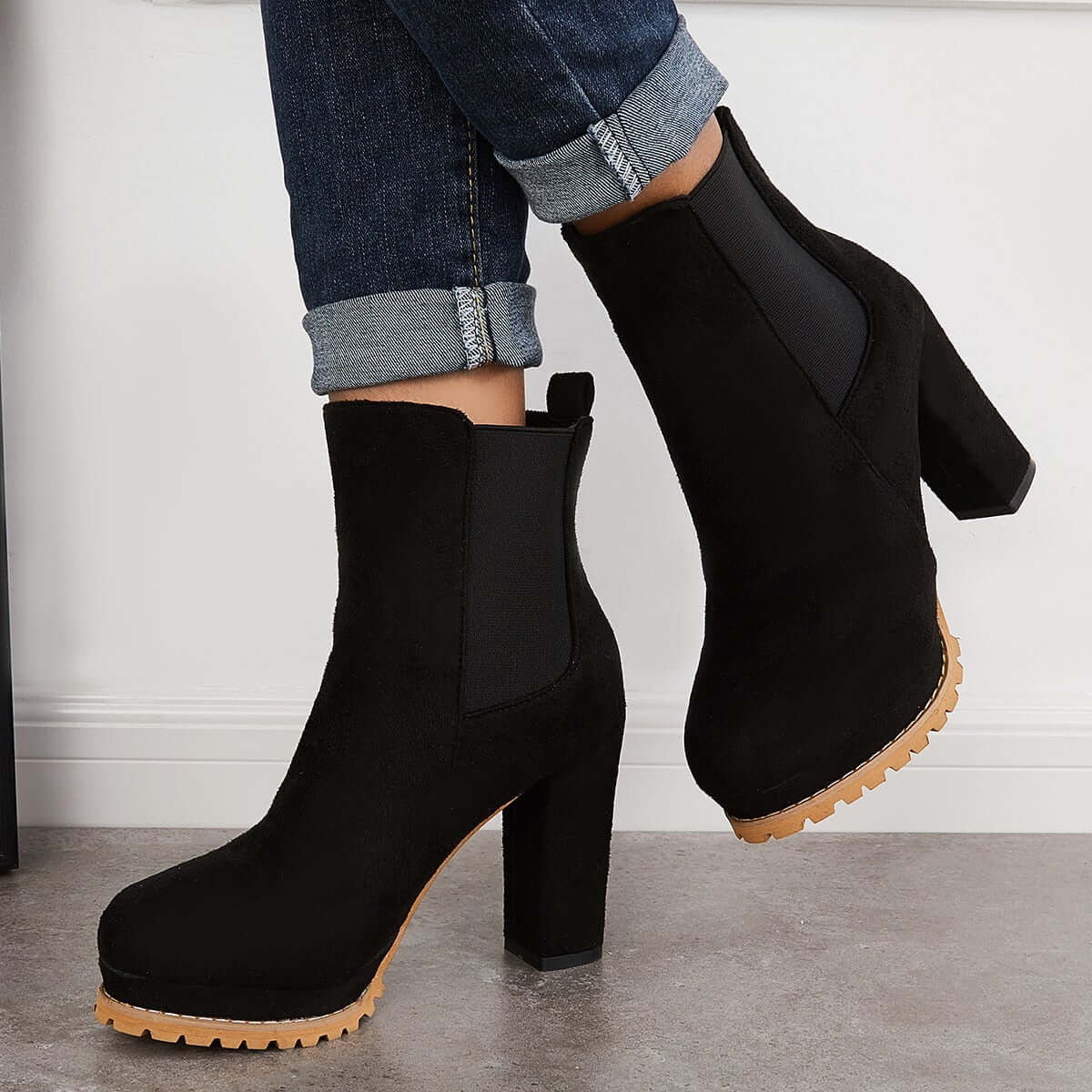 Suede Chunky Platform Heel Ankle Boots Slip-on Chelsea Booties