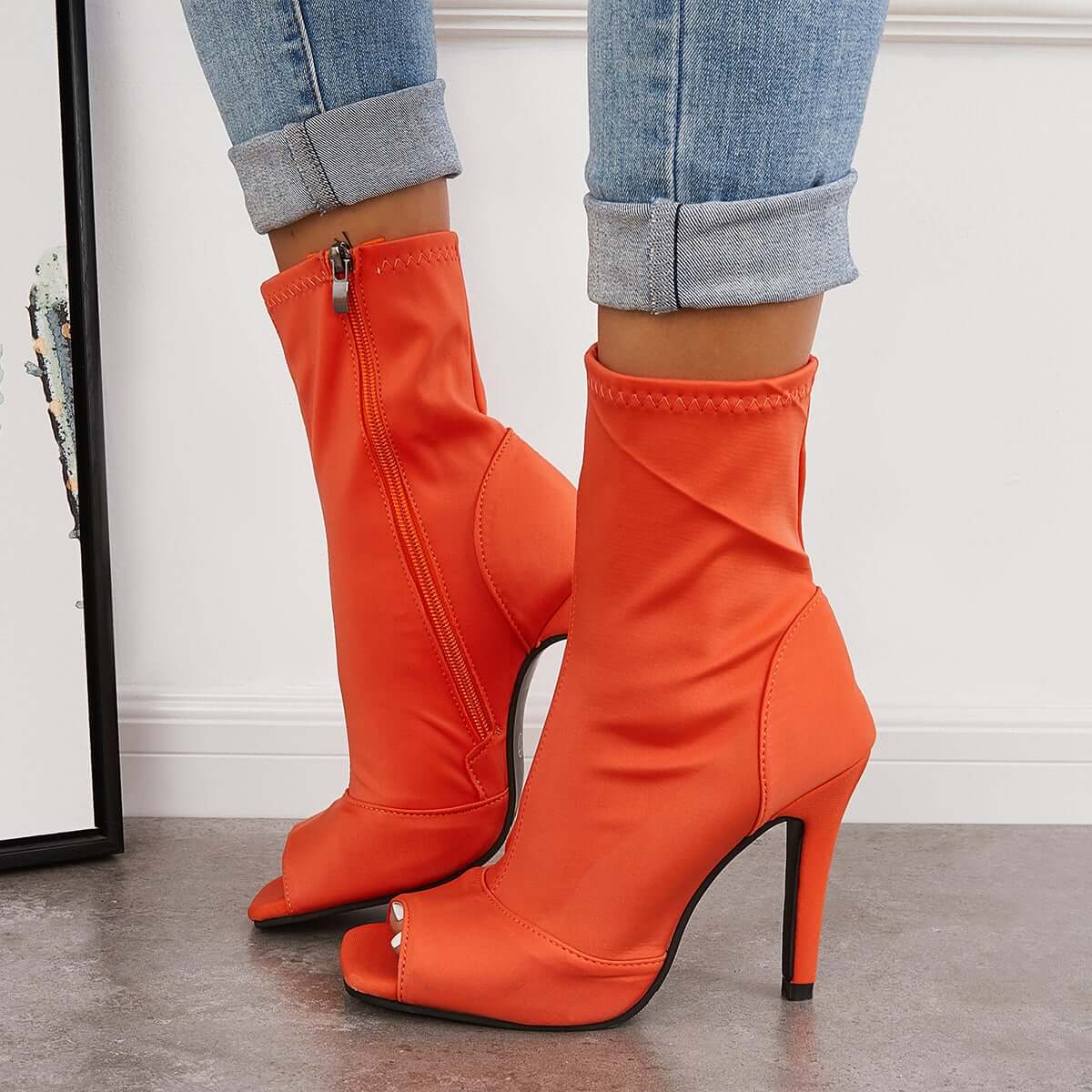 Women's Stretch Peep Toe Sock Boots Stiletto High Heel Booties