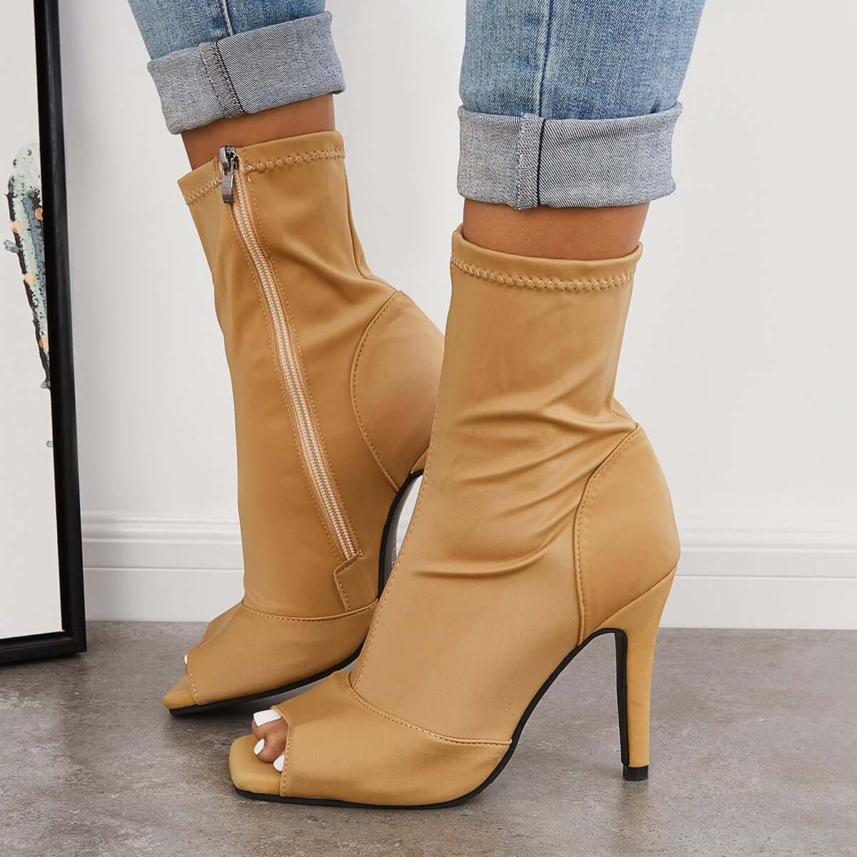 Women's Stretch Peep Toe Sock Boots Stiletto High Heel Booties