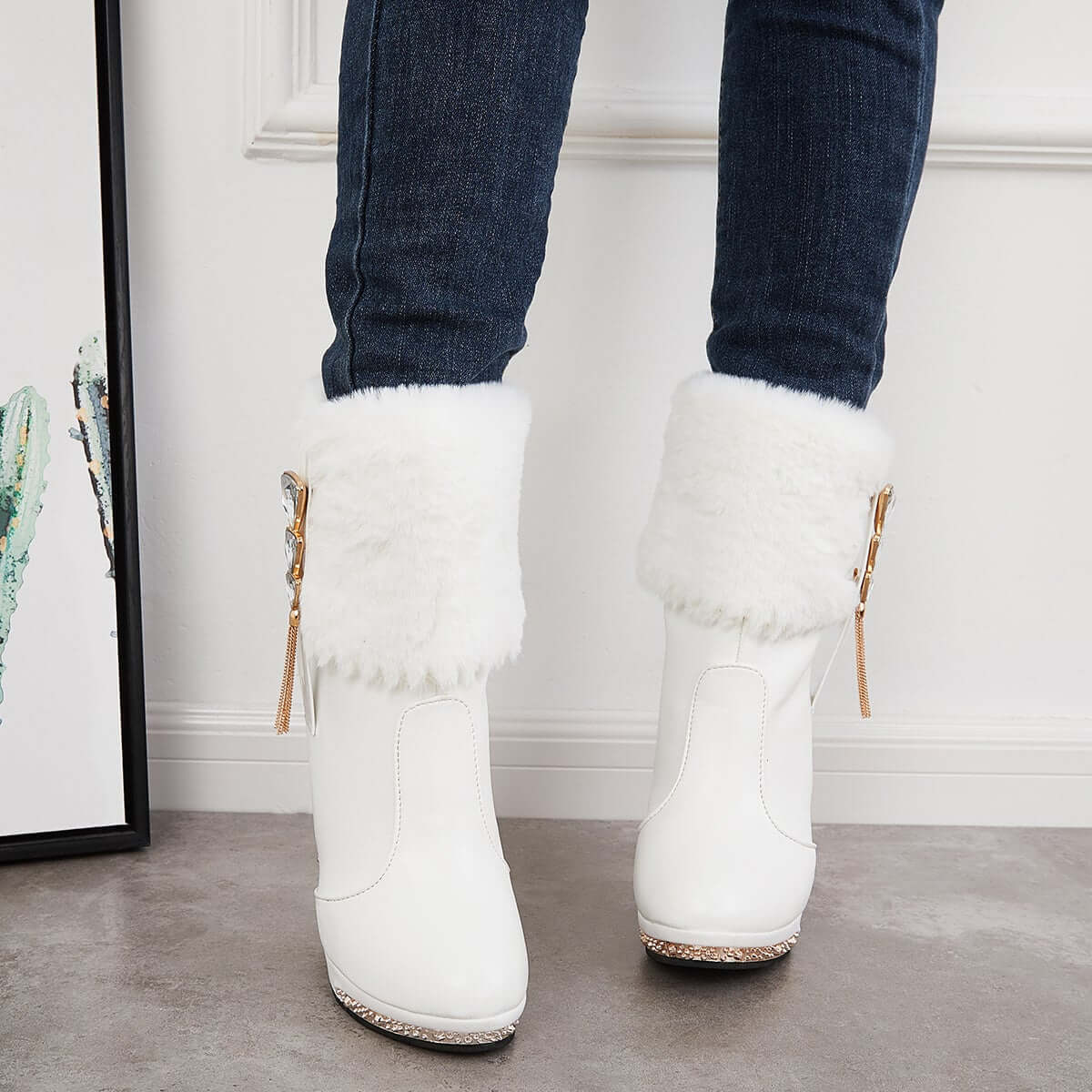 Women's Rhinestone Faux Fur Lined Ankle Boots Chunky High Heel Booties