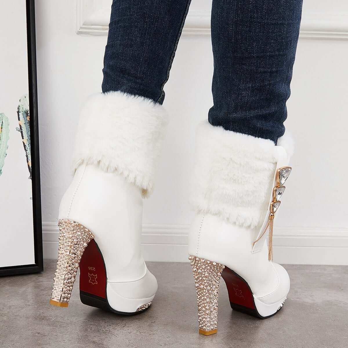 Women's Rhinestone Faux Fur Lined Ankle Boots Chunky High Heel Booties