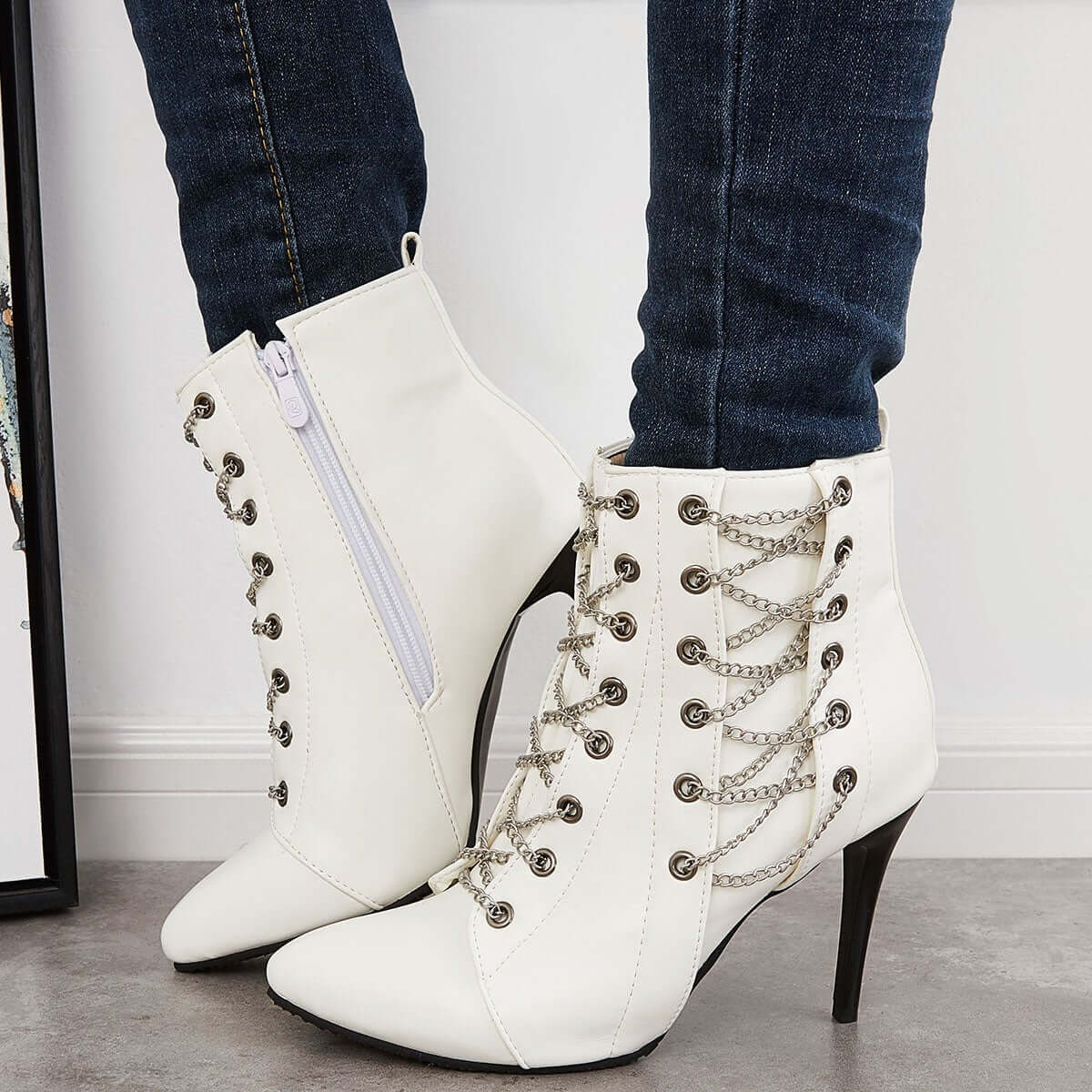 Women Zipper Boots Pointed Toe High Heel Ankle Boots Stiletto Zipper Booties