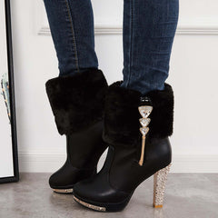 Women's Rhinestone Faux Fur Lined Ankle Boots Chunky High Heel Booties