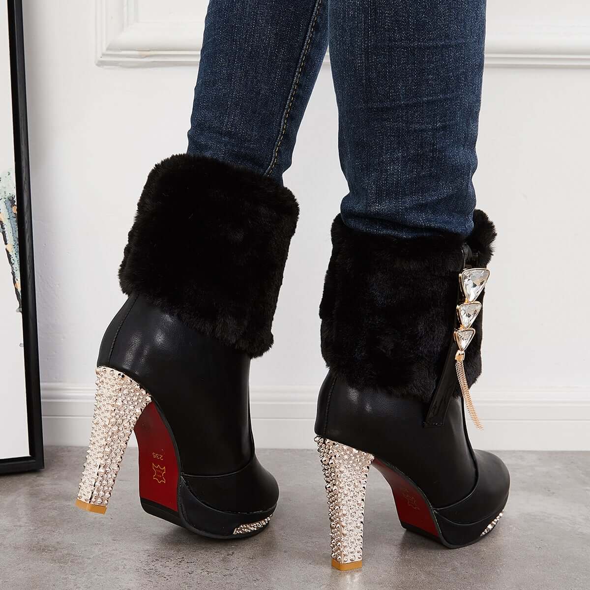 Women's Rhinestone Faux Fur Lined Ankle Boots Chunky High Heel Booties