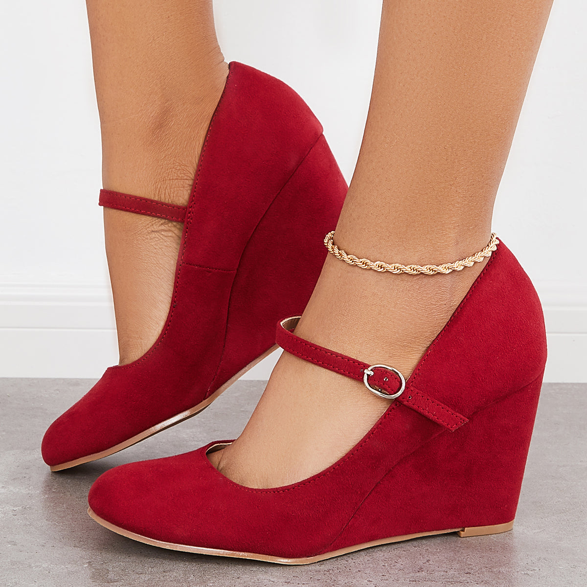 Women Wedge High Heels Closed Toe Ankle Strap Pumps