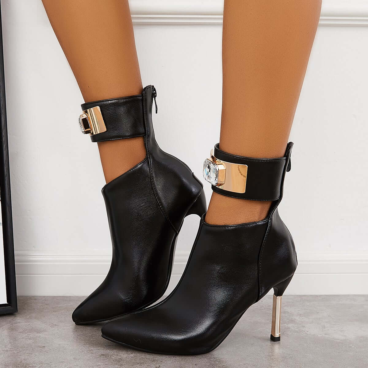 Pointed Toe Stiletto High Heels Back Zipper Ankle Boots