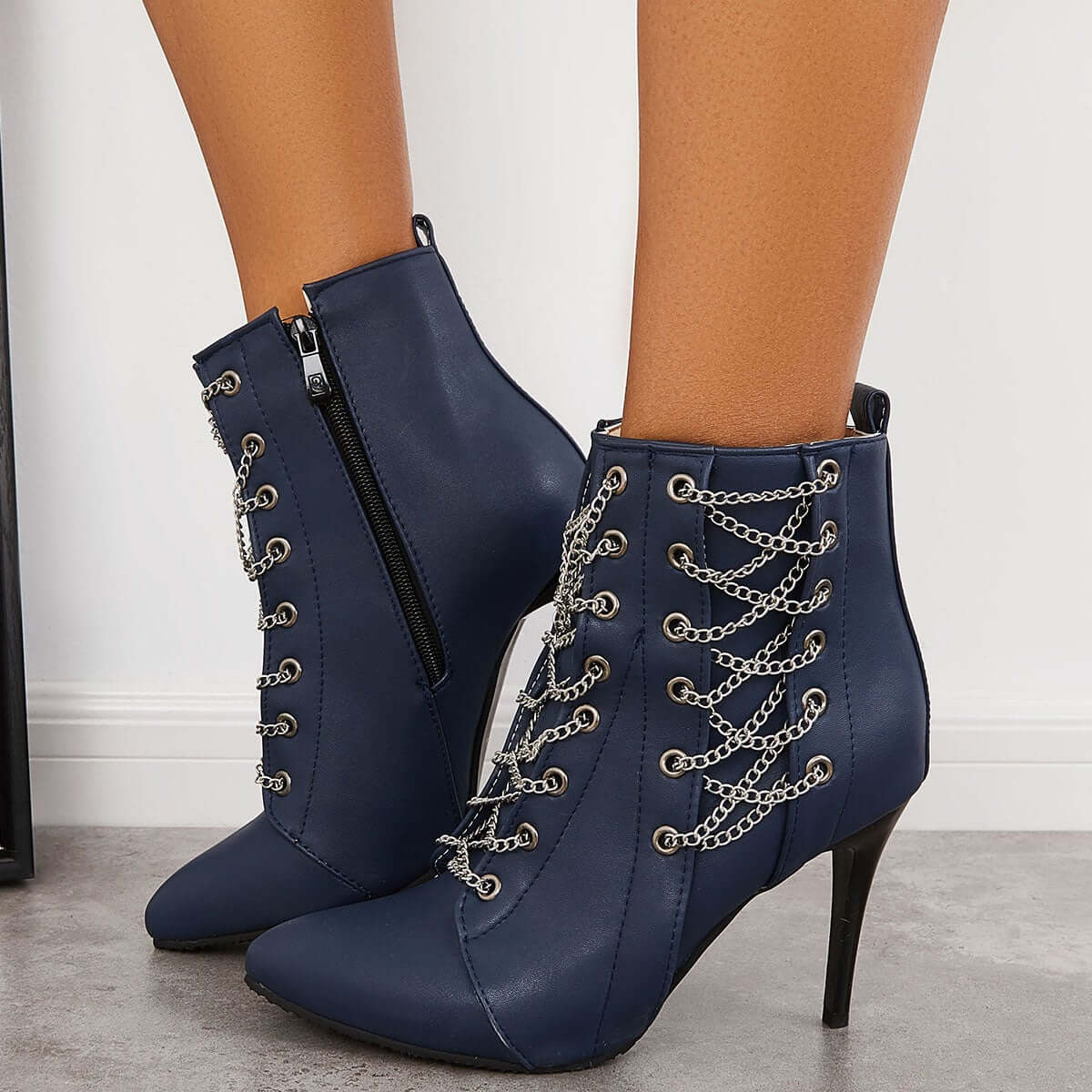 Women Zipper Boots Pointed Toe High Heel Ankle Boots Stiletto Zipper Booties