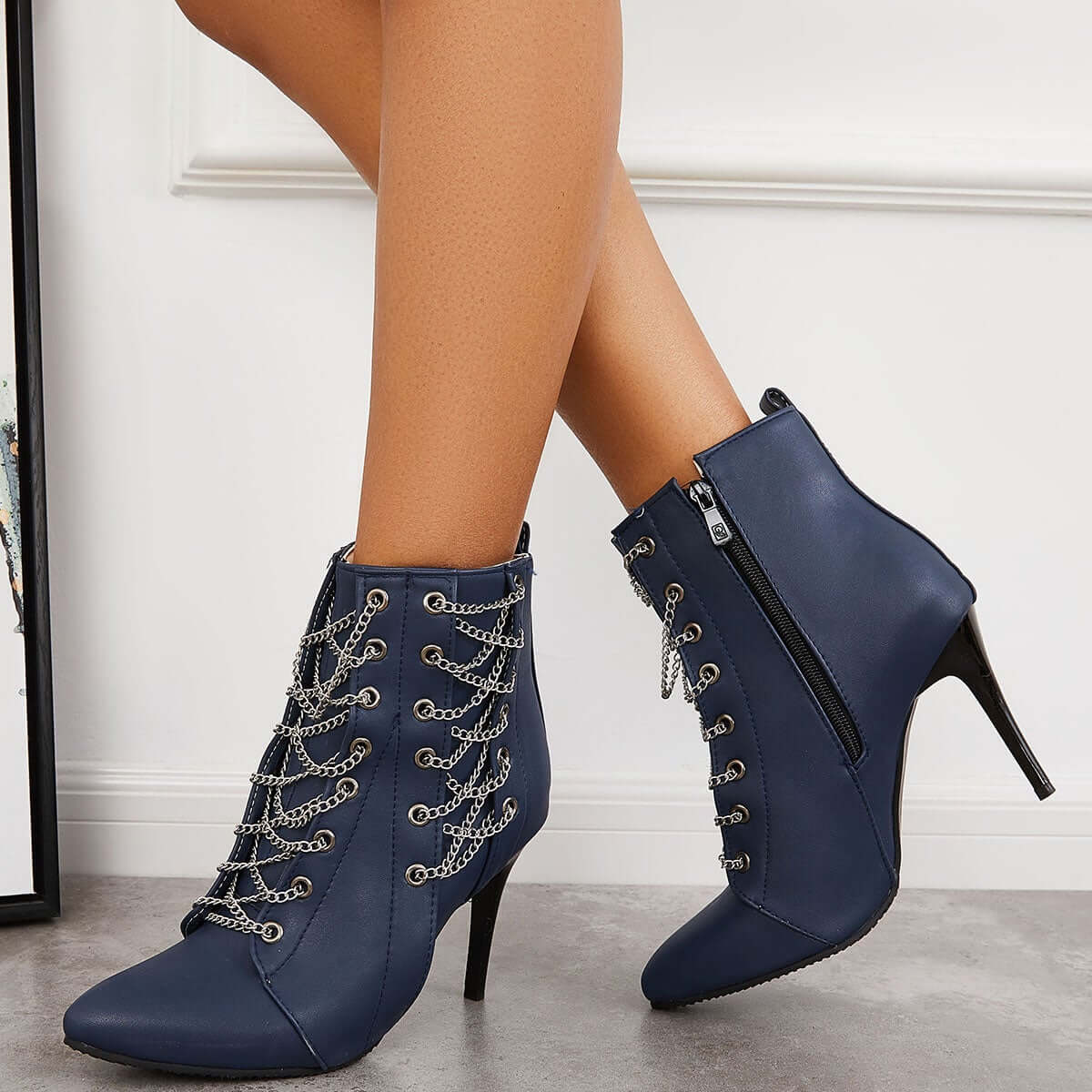 Women Zipper Boots Pointed Toe High Heel Ankle Boots Stiletto Zipper Booties