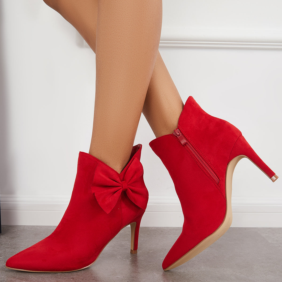 Pointed Toe Bow Ankle Boots Side Zipper Stiletto Heel Booties