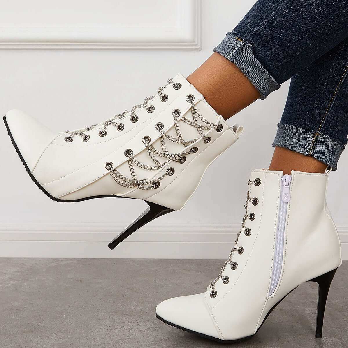 Women Zipper Boots Pointed Toe High Heel Ankle Boots Stiletto Zipper Booties