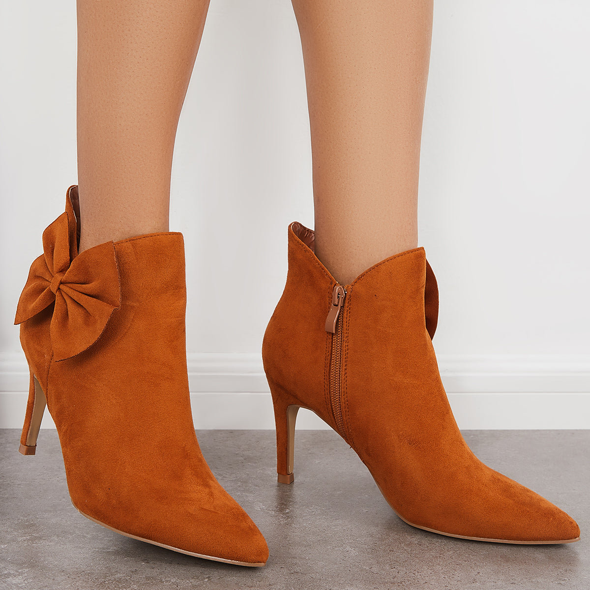 Pointed Toe Bow Ankle Boots Side Zipper Stiletto Heel Booties