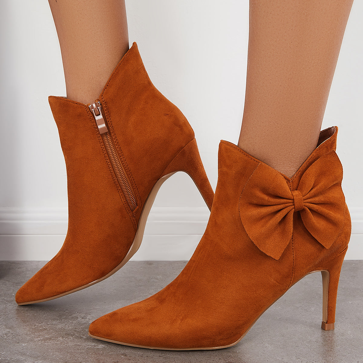 Pointed Toe Bow Ankle Boots Side Zipper Stiletto Heel Booties