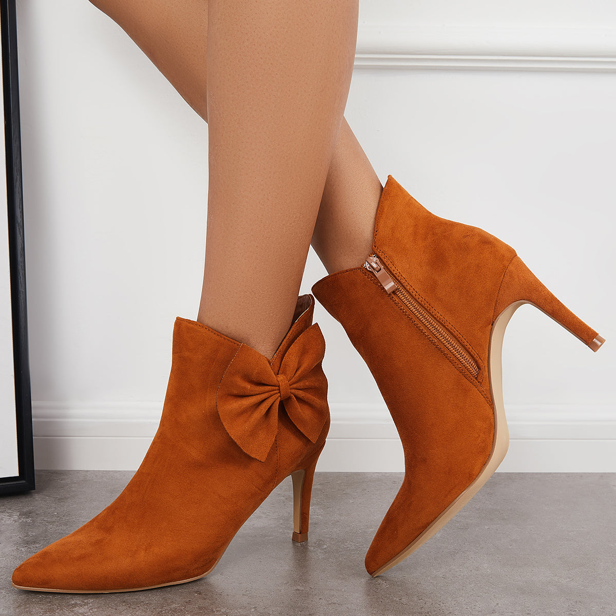 Pointed Toe Bow Ankle Boots Side Zipper Stiletto Heel Booties