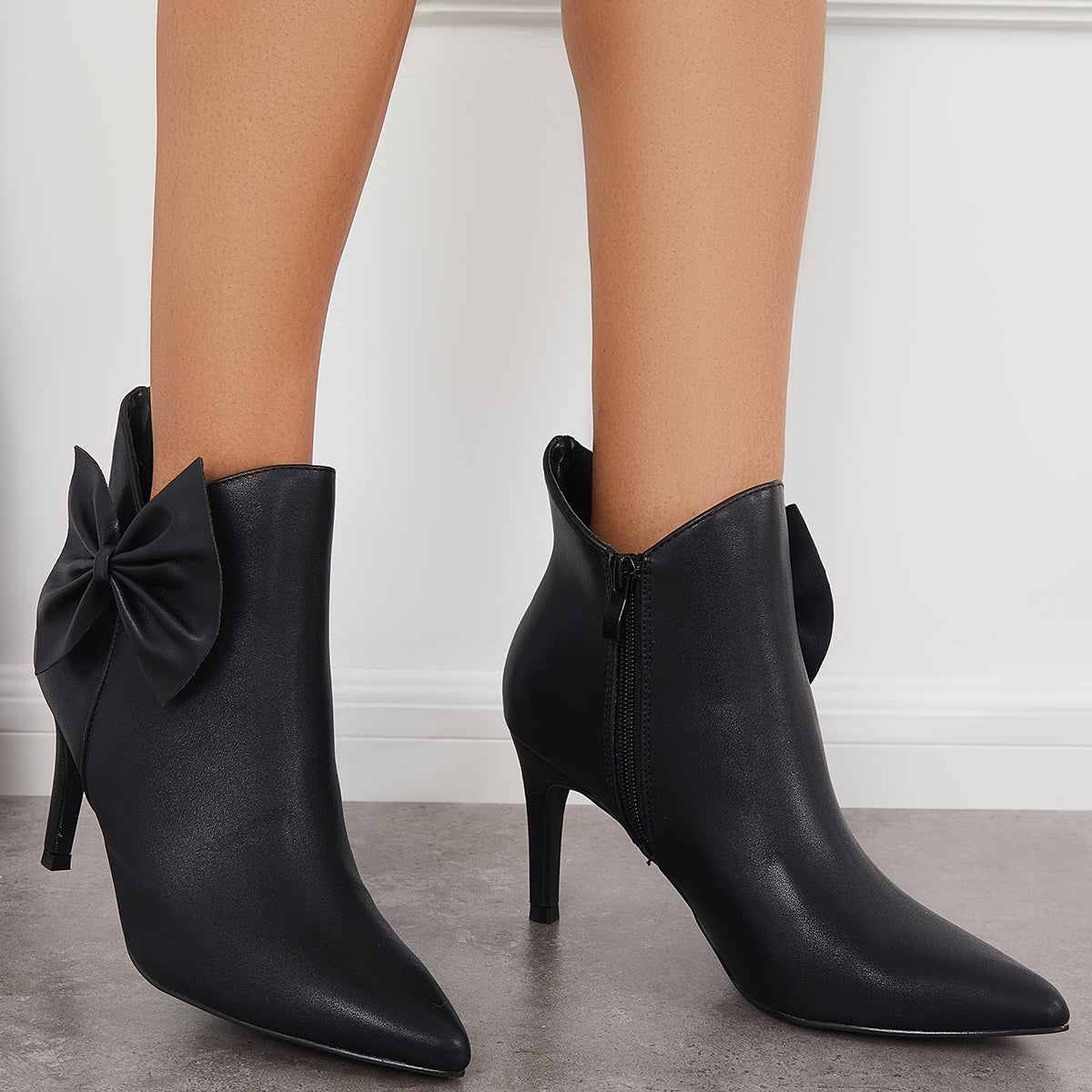 Pointed Toe Bow Ankle Boots Side Zipper Stiletto Heel Booties