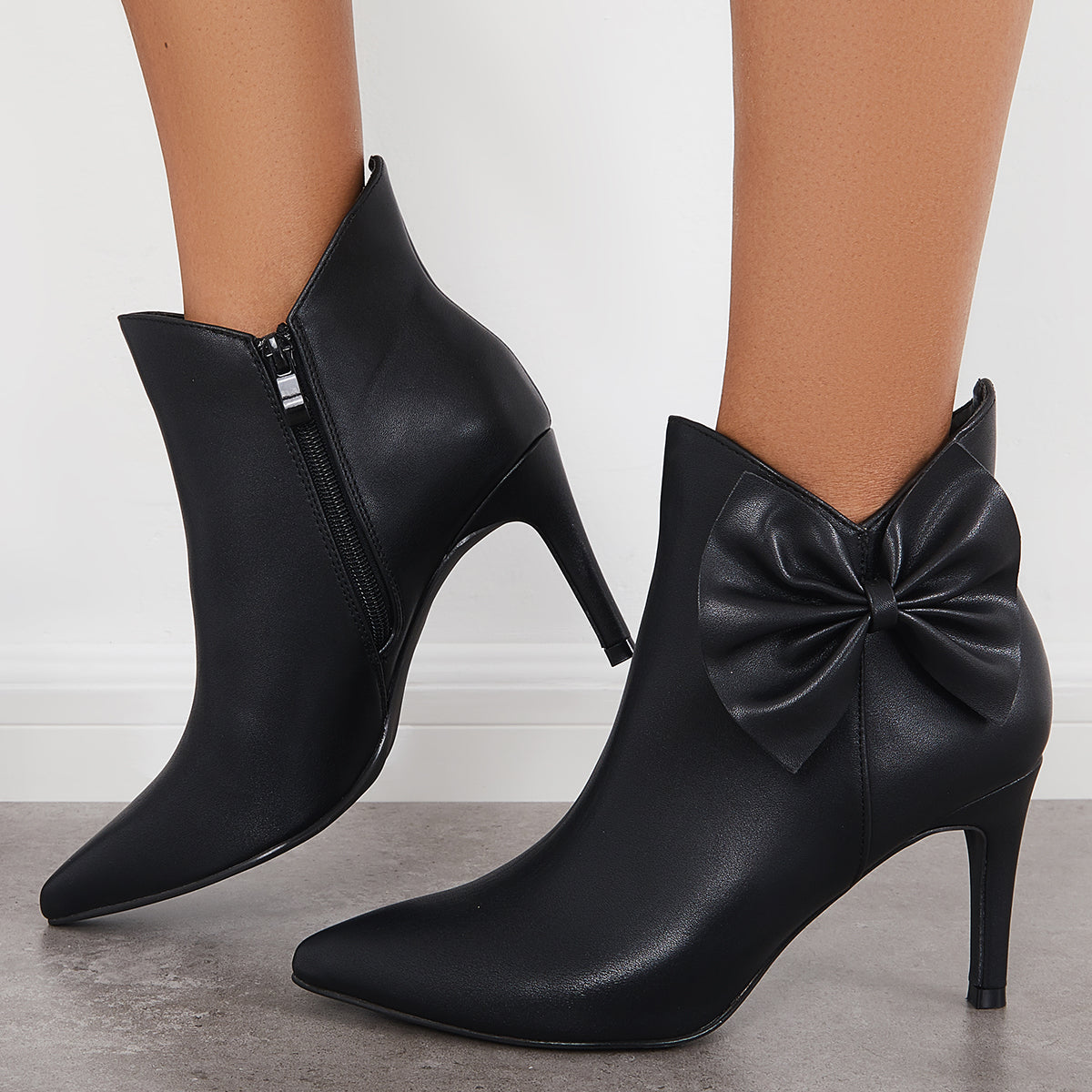 Pointed Toe Bow Ankle Boots Side Zipper Stiletto Heel Booties