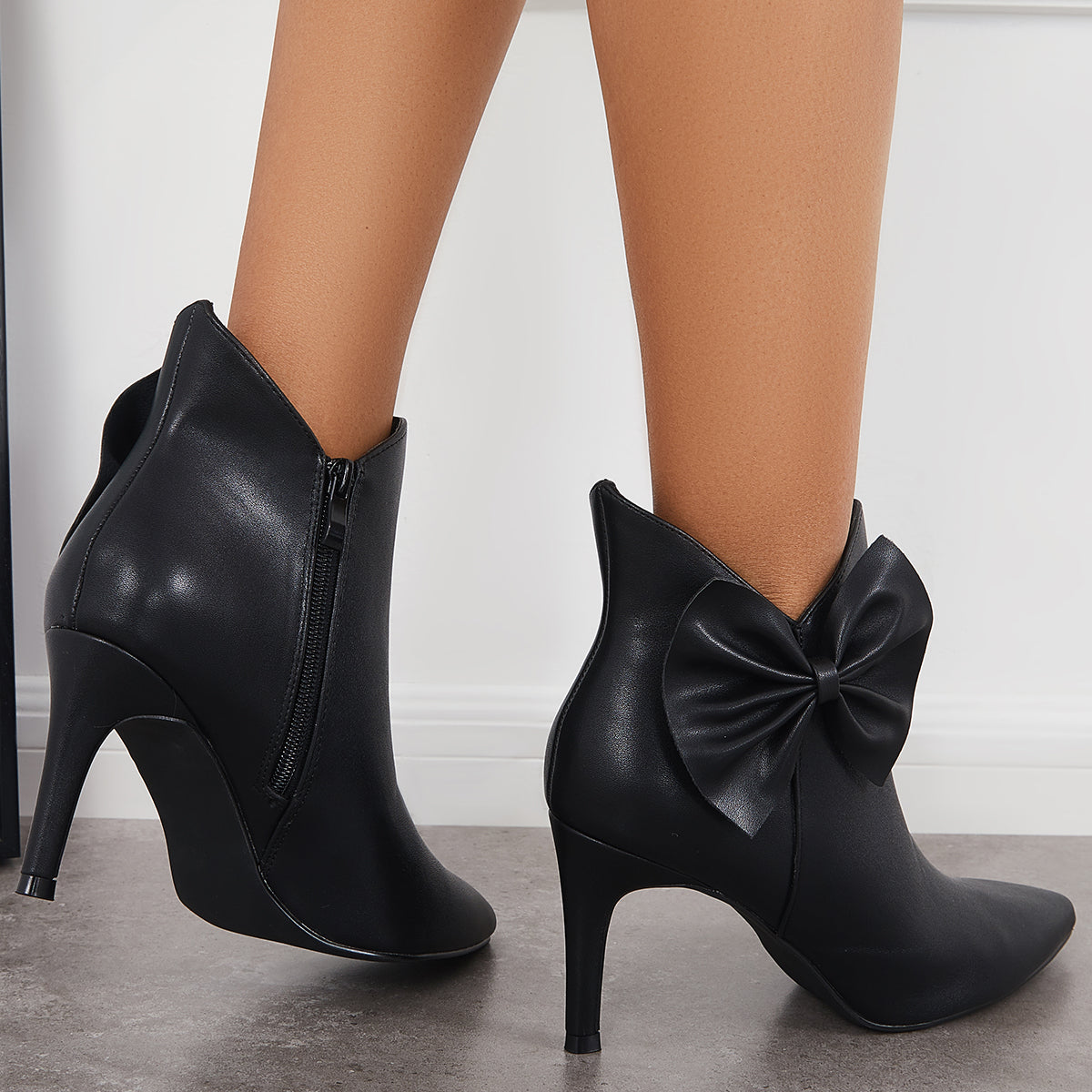 Pointed Toe Bow Ankle Boots Side Zipper Stiletto Heel Booties