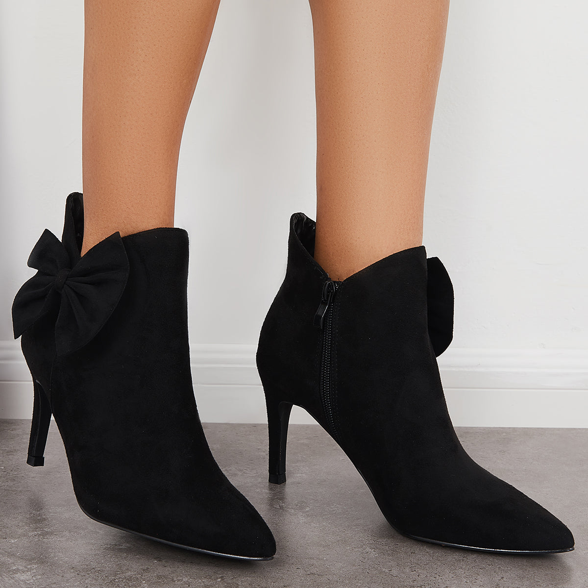 Pointed Toe Bow Ankle Boots Side Zipper Stiletto Heel Booties