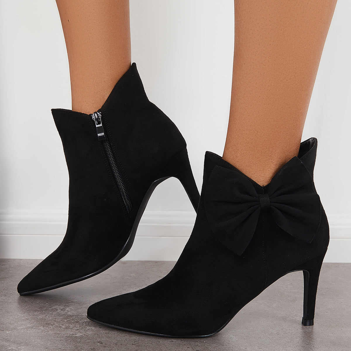 Pointed Toe Bow Ankle Boots Side Zipper Stiletto Heel Booties