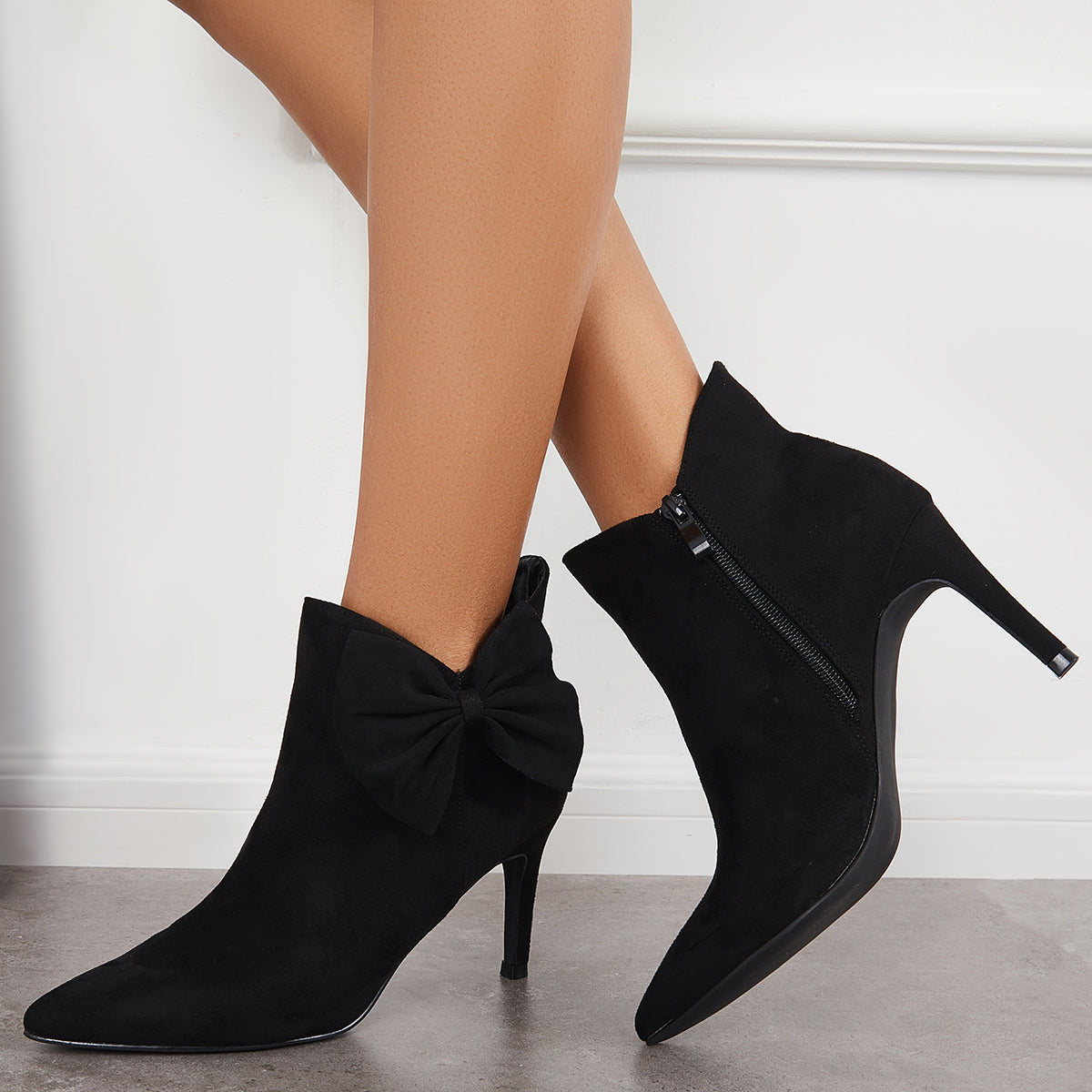 Pointed Toe Bow Ankle Boots Side Zipper Stiletto Heel Booties