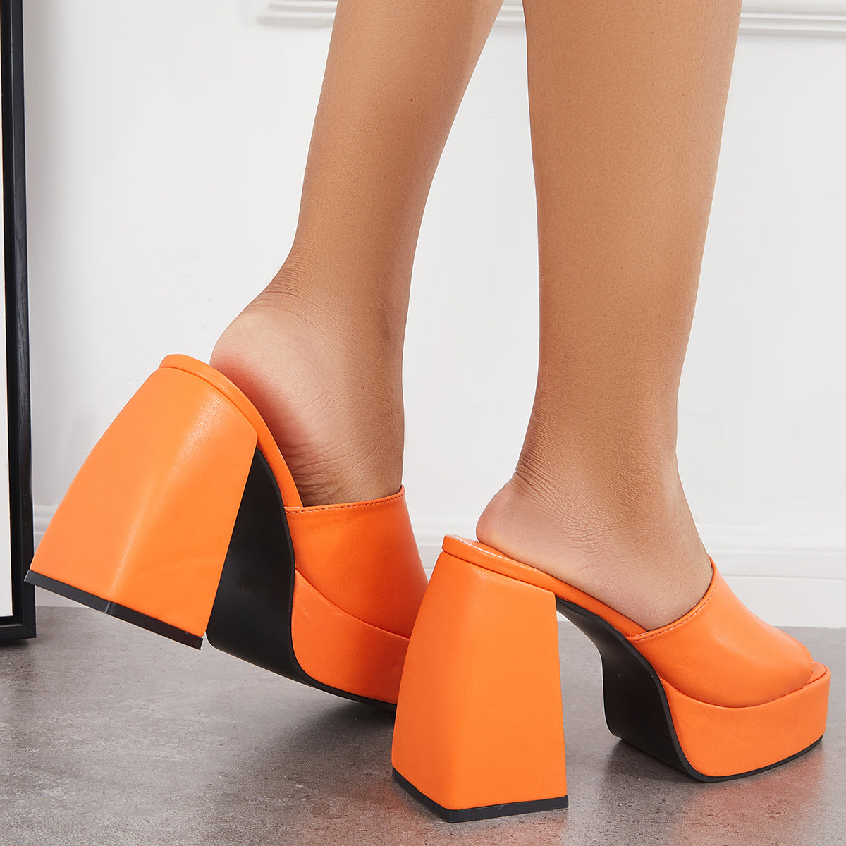 Platform Chunky High Heel Sandals Square Toe Slide Mule Shoes