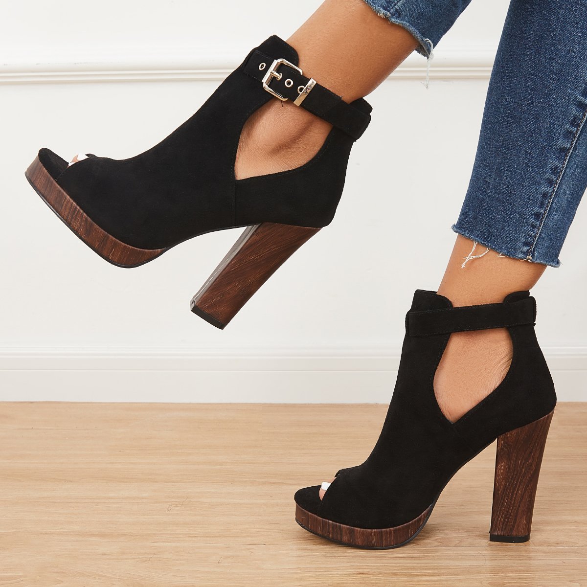 Women's Summer Peep-Toe Block Heel Suede Platform Peep Toe Ankle Booties Chunky Heel Sandals