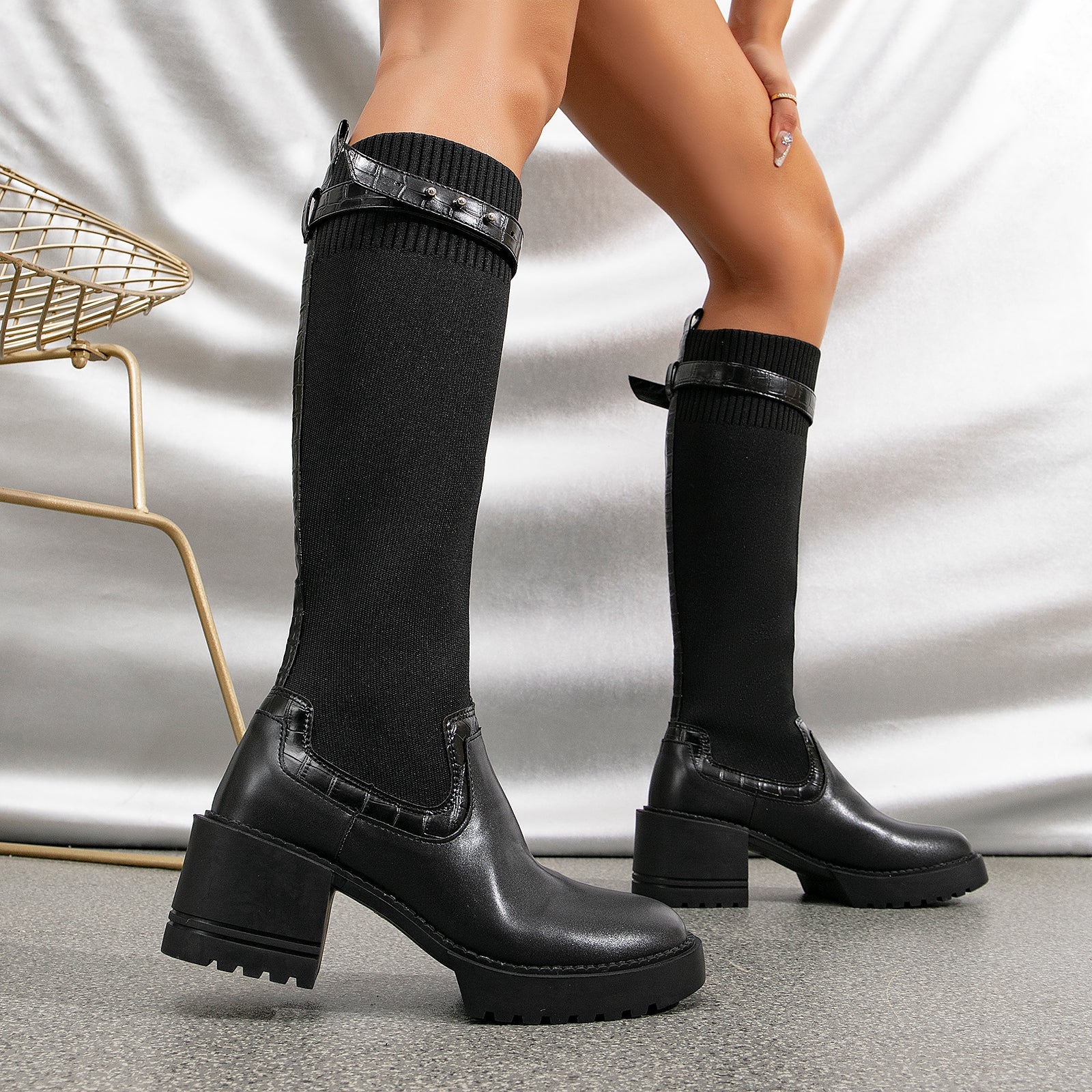 Futurecen- Two Tone Strap Decor Chunky Heeled Knit High Boots