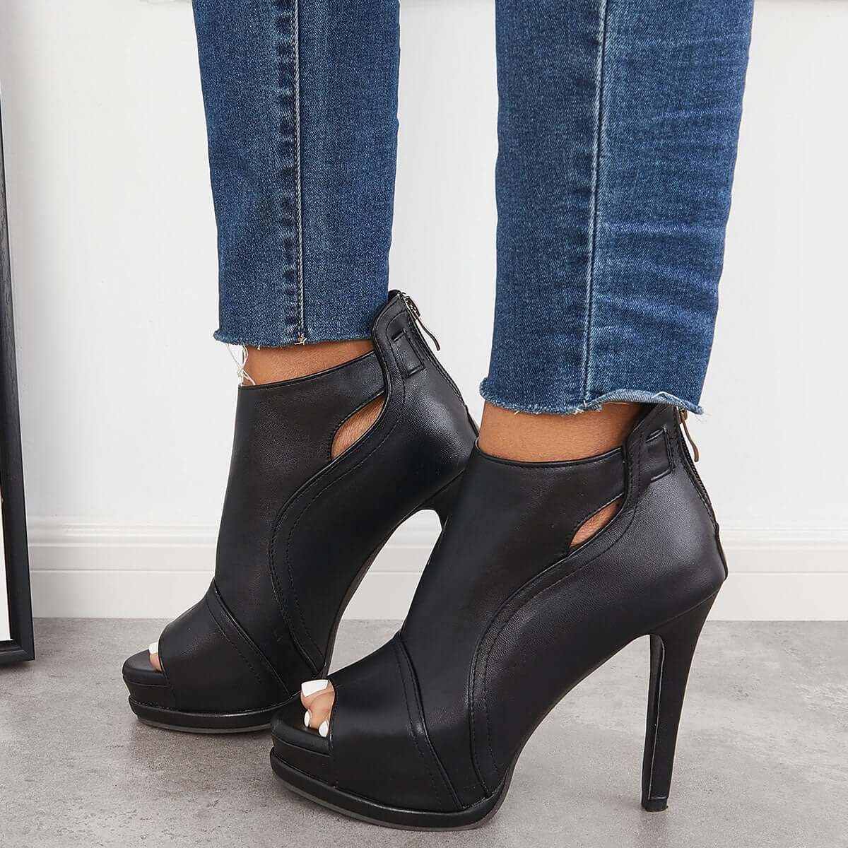 Women's Black Peep Toe Stilettos Platform High Heel Ankle Boots