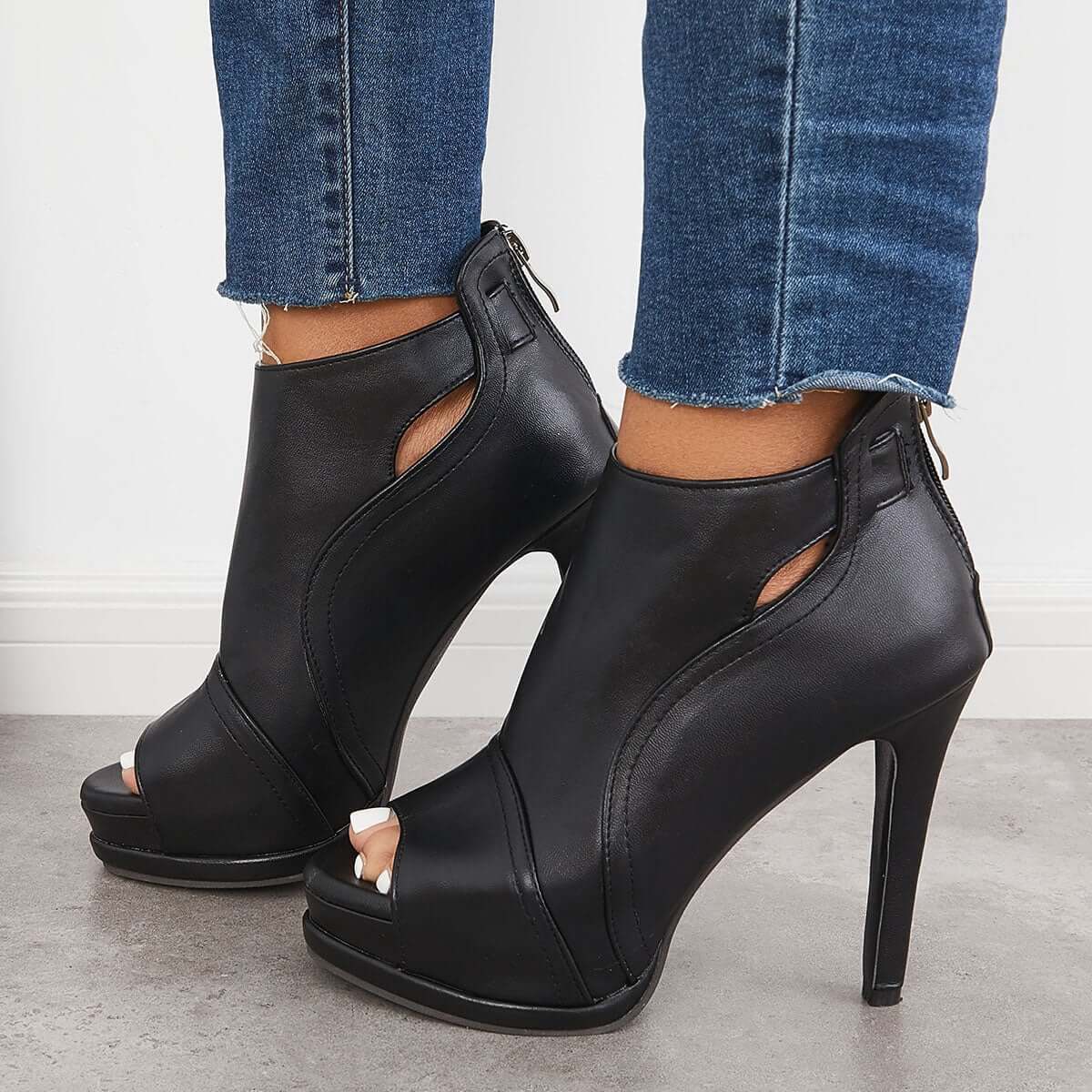 Women's Black Peep Toe Stilettos Platform High Heel Ankle Boots