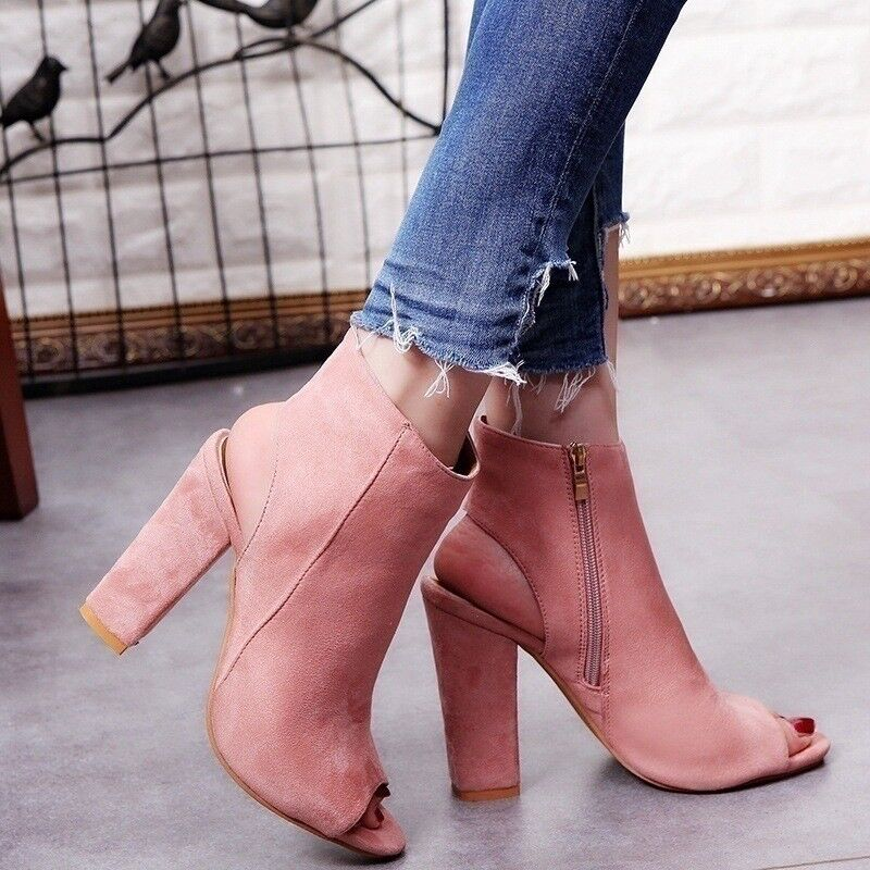 Chunky Block High Heels Peep Toe Ankle Strap Dress Boots