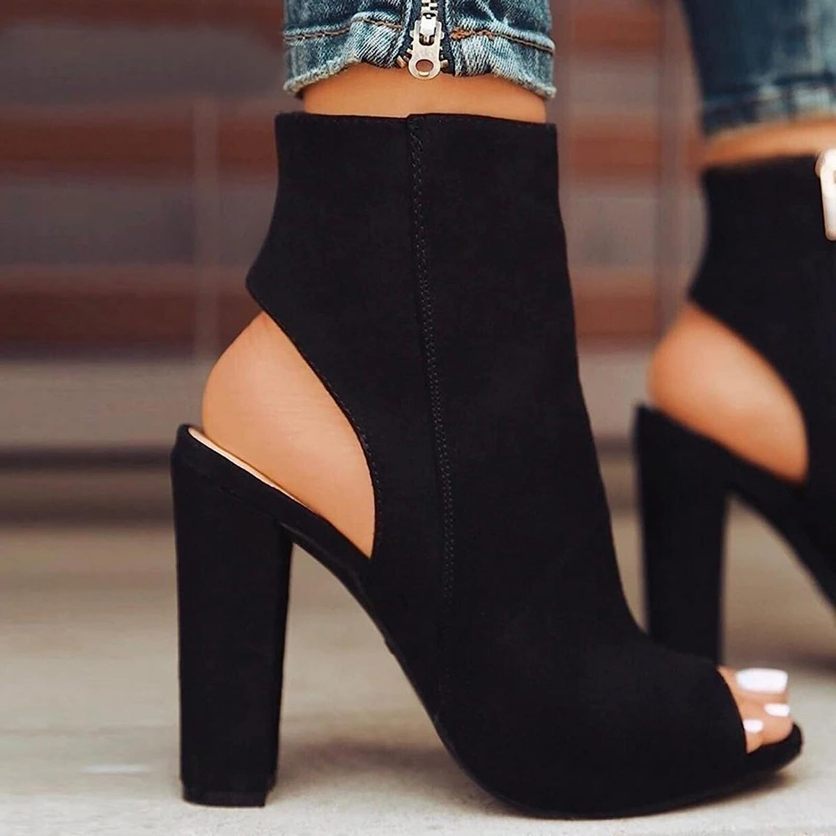 Chunky Block High Heels Peep Toe Ankle Strap Dress Boots