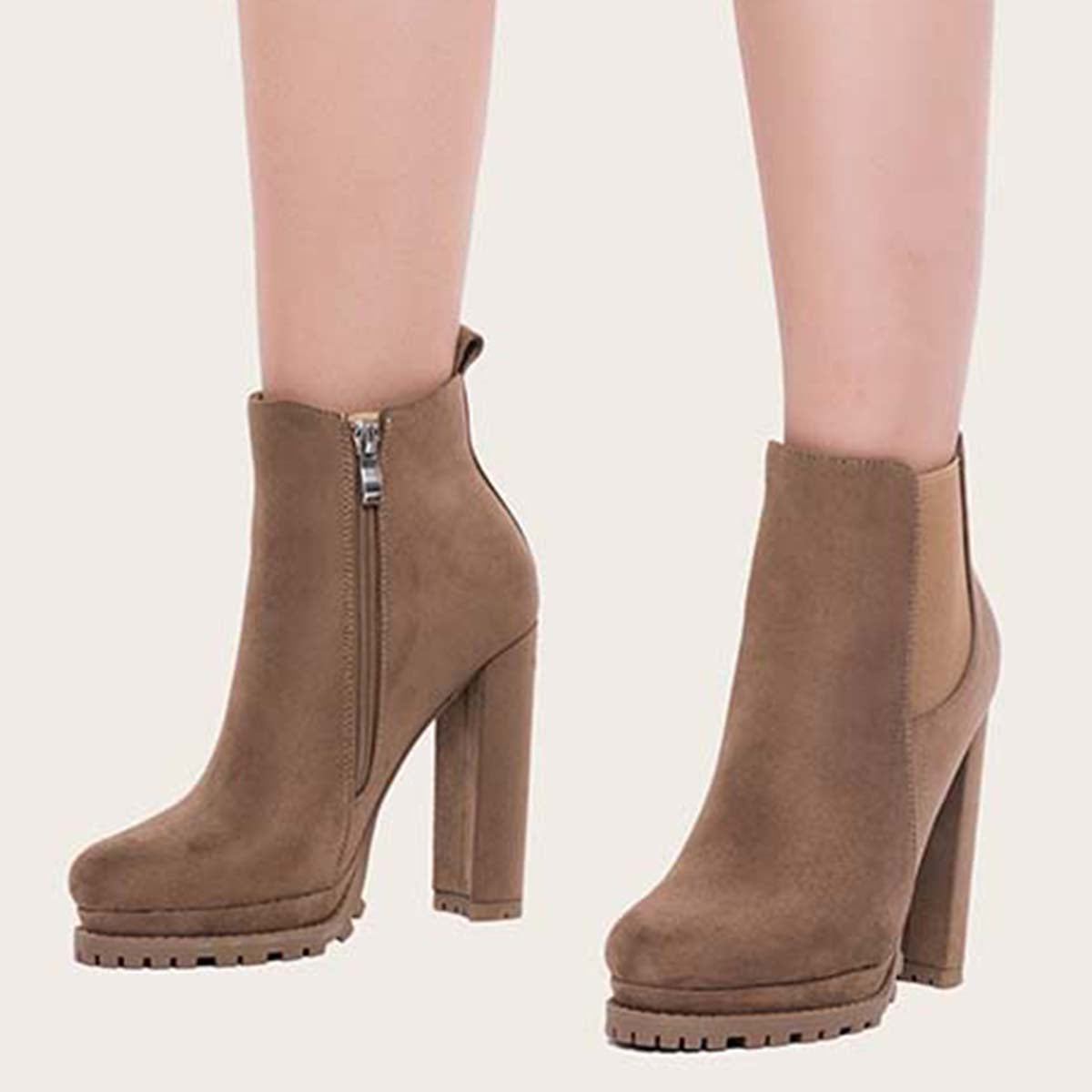 Women Platform Chelsea Ankle Boots Side Zipper Chunky High Heel Booties