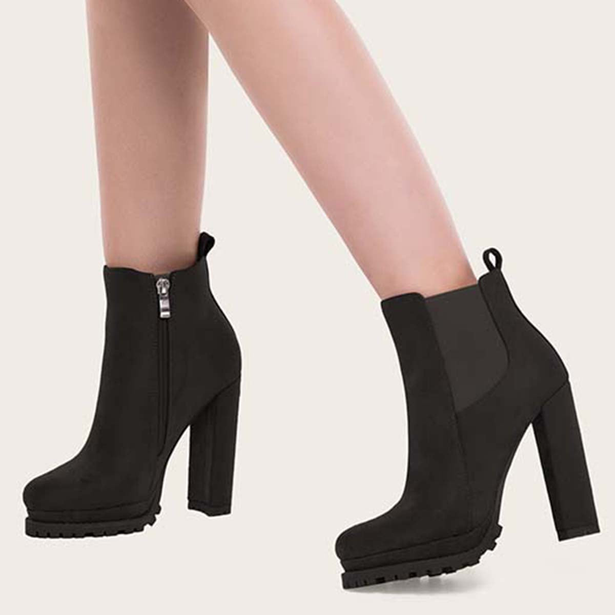 Women Platform Chelsea Ankle Boots Side Zipper Chunky High Heel Booties