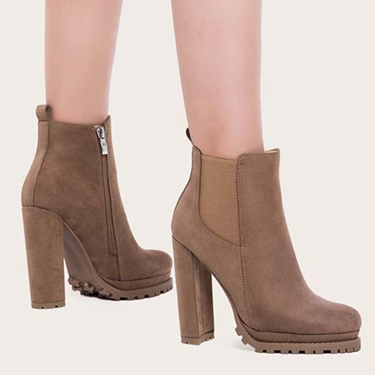 Women Platform Chelsea Ankle Boots Side Zipper Chunky High Heel Booties